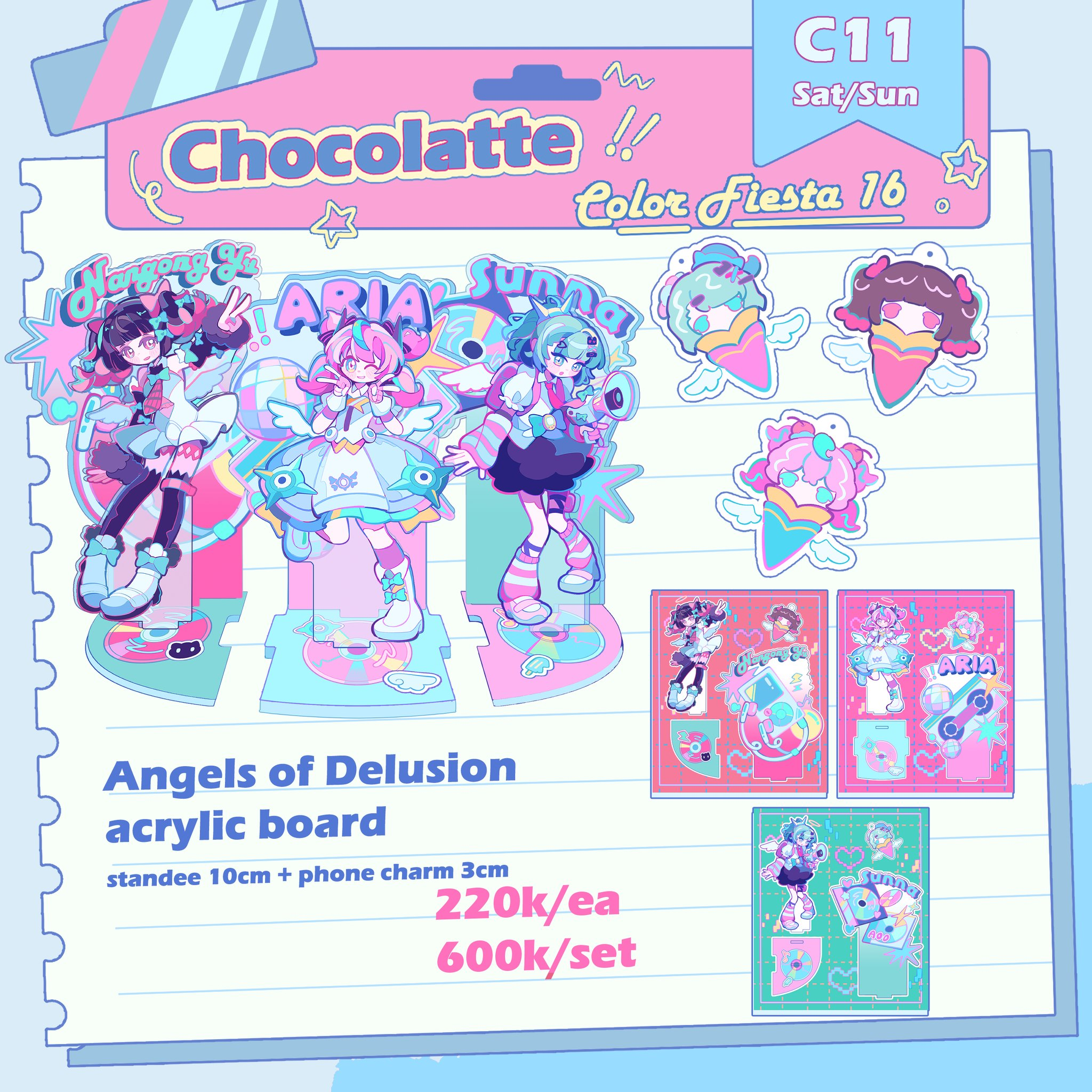acrylic board gồm standee 10cm và phonecharm của 3 bé idol Angels of delusion siu cấp dễ thương hehe